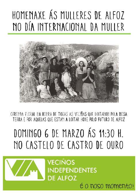 Alfoz homenaxea ás mulleres este domingo, 6 de marzo. Haberá unha ofrenda floral e a lectura duns versos, a cargo de Carmen Geada.