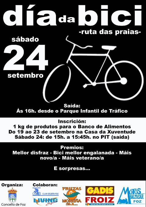 O 24 de setembro terá lugar en Foz a décimo primeira edición do Día da Bici, que organiza o Concello e que sairá ás catro da tarde do parque infantil de tráfico. 