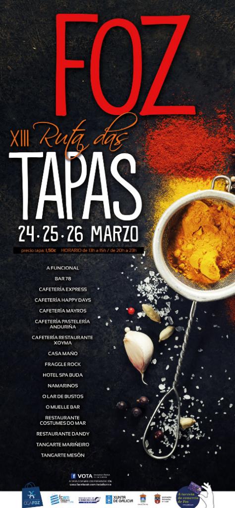 Dezasete bares e restaurantes se dan cita do 24 ao 26 de marzo en Foz na XIII Ruta das Tapas, que organiza o Centro Comercial Aberto. Un xurado profesional elixirá as tres mellores tapas e o público decidirá a súa a través do facebook.