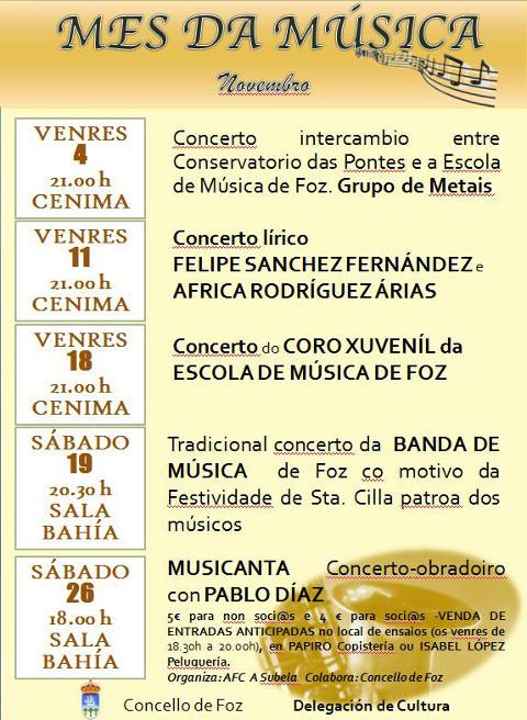 Teatro nas parroquias, concertos e charlas médicas son algunhas das propostas culturais do Concello de Foz para o mes de novembro. 